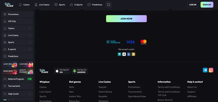Win Place casino footer showing accepted payment methods and crypto options Win Place casino footer showing accepted payment methods and crypto options